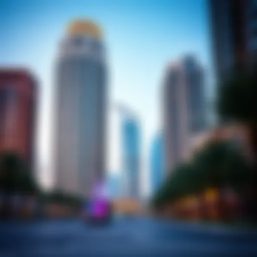 A stunning view of Al Reef Tower 1 showcasing its architectural elegance against the Dubai skyline