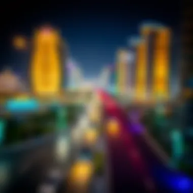 Night view of Boulevard Mohammed Bin Rashid illuminated with vibrant lights