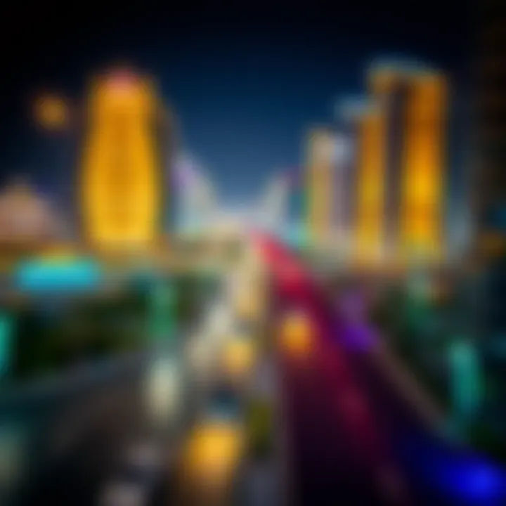 Night view of Boulevard Mohammed Bin Rashid illuminated with vibrant lights