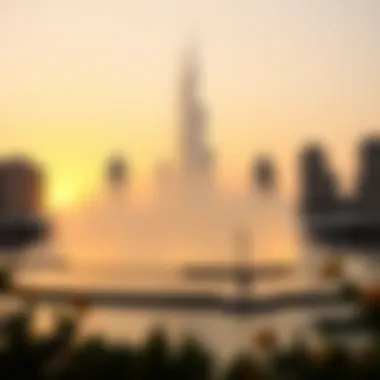 Stunning Sunset Behind Burj Fountain Sunset view of Burj Fountain backdrop