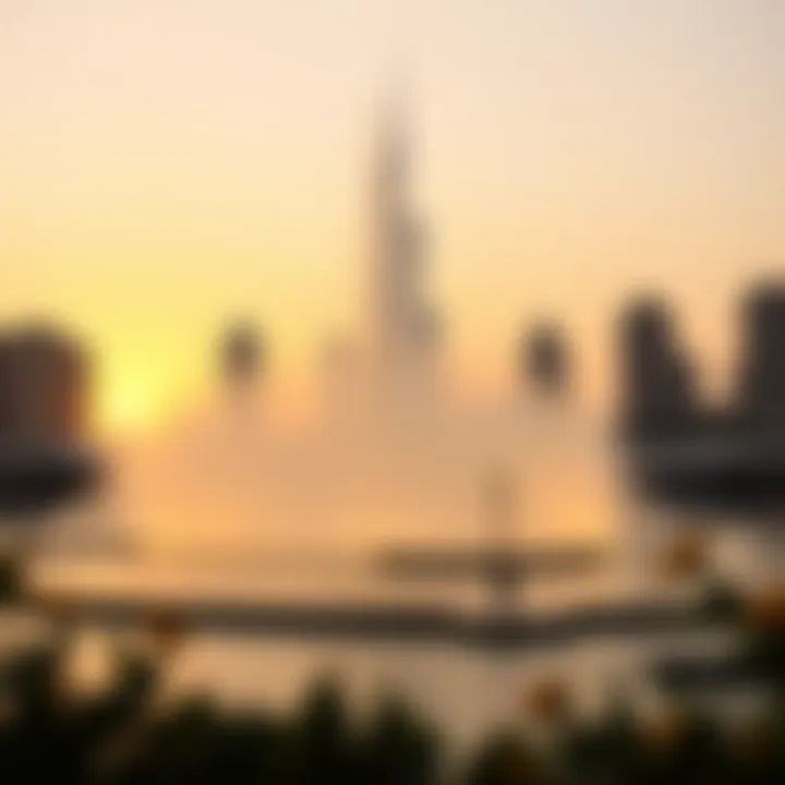 Stunning Sunset Behind Burj Fountain Sunset view of Burj Fountain backdrop