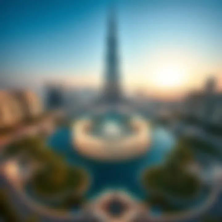 Aerial view showing the fountains and surrounding architecture