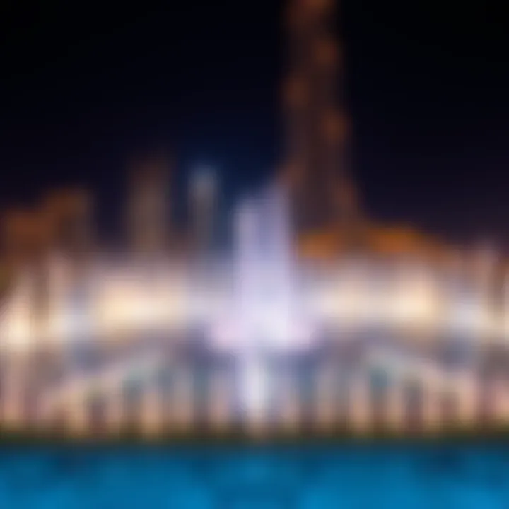 A panoramic view of the Burj Khalifa water fountains illuminated at night