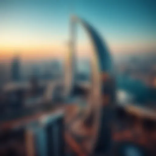 Aerial view of برج كيان showcasing its unique twisting structure against Dubai's skyline