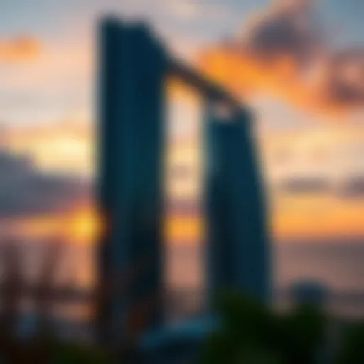 Stunning view of the Bythesea Tower at sunset, showcasing its architectural splendor.