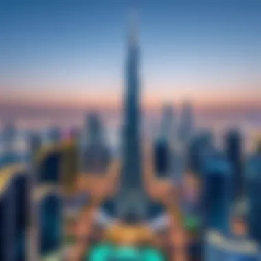 C2 Tower in the Dubai Skyline Panoramic cityscape of Dubai with C2 Tower prominently featured