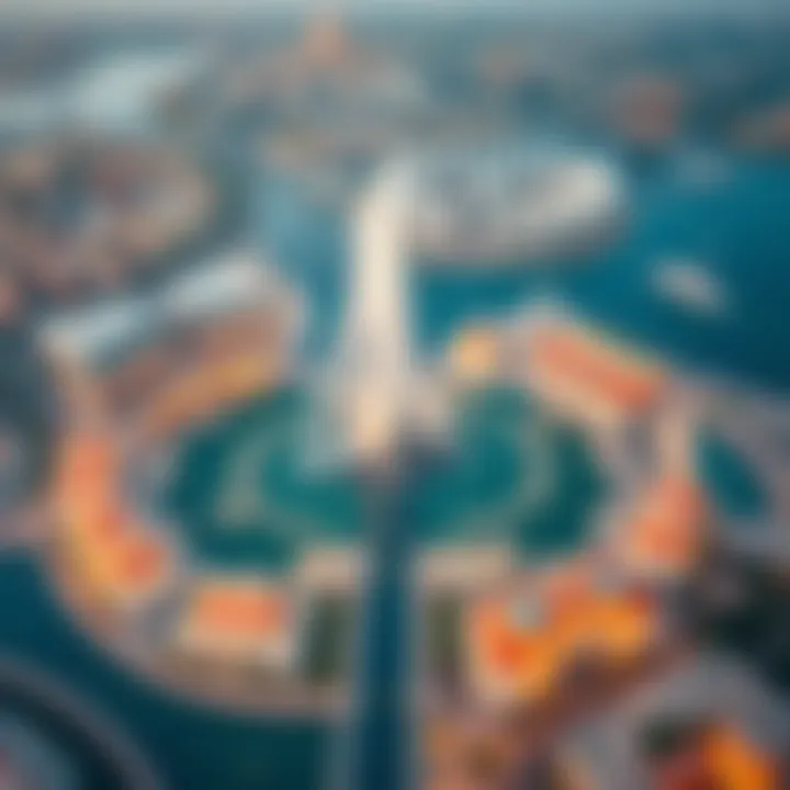 Aerial Perspective of Dubai Fountain Aerial view showcasing the fountain's layout in the Burj Lake
