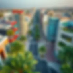 Aerial view showcasing the vibrant Al Nahyan Street lined with modern architecture and greenery.