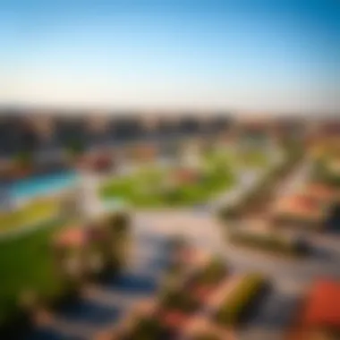 An aerial view of community amenities in Al Warsan 4 including parks and recreational areas