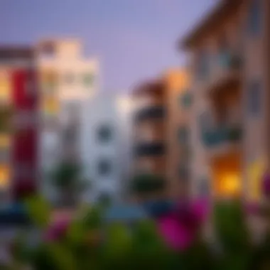 A close-up of residential buildings highlighting architectural diversity in Al Warsan 4