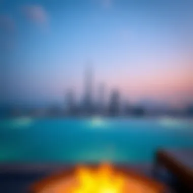 Infinity Pool with Dubai Skyline Stunning view of an infinity pool overlooking the Dubai skyline