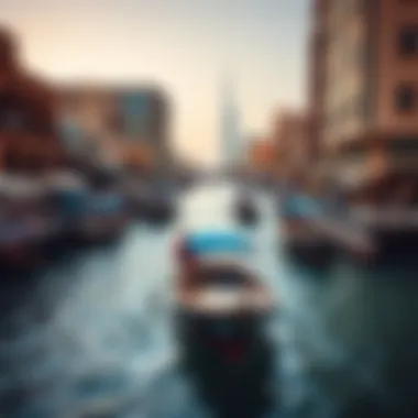 The bustling atmosphere of the Dubai Creek with traditional abra boats