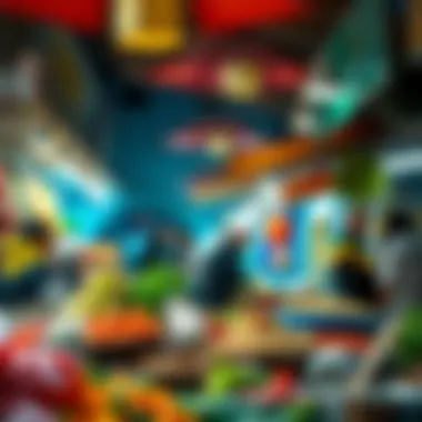 A vibrant food market bustling with diverse culinary offerings