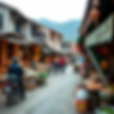 A vibrant market scene in a culture village showcasing traditional crafts