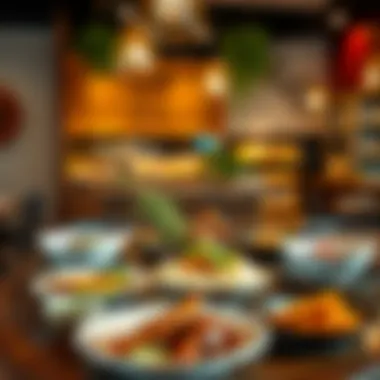 Culinary Diversity in Dubai's Restaurant Offerings An array of multicultural dishes served beautifully in a vibrant restaurant environment.