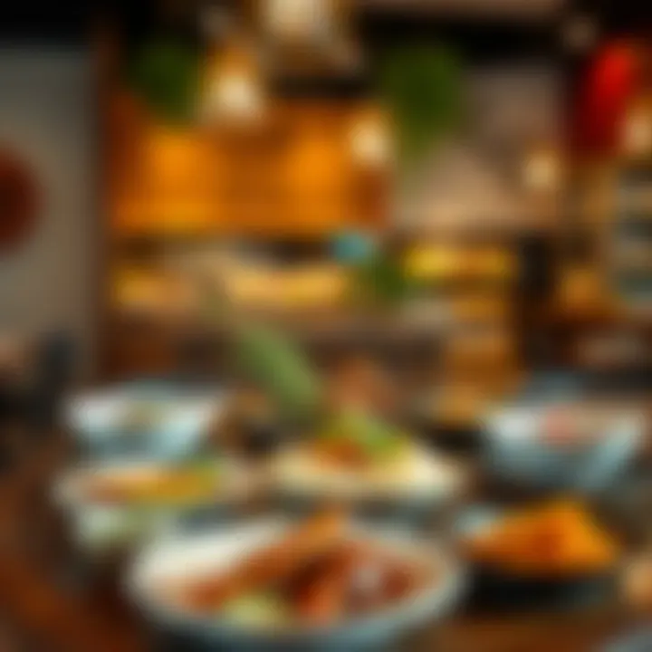 Culinary Diversity in Dubai's Restaurant Offerings An array of multicultural dishes served beautifully in a vibrant restaurant environment.