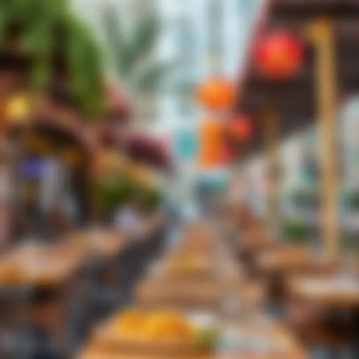 Diverse Culinary Delights in Dubai's Outdoor Restaurants A vibrant outdoor dining scene in a Dubai neighborhood showcasing diverse culinary delights.
