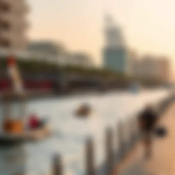 Leisure and Tourism Flourishing by Dubai Creek Tourists enjoying leisure activities by the waterfront of Dubai Creek