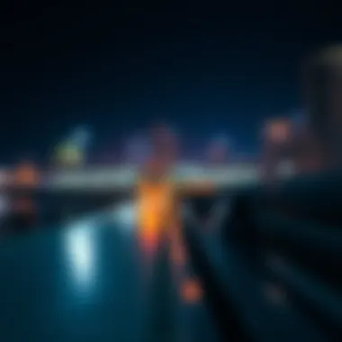 Night view of Dubai Creek Metro Station illuminated with city lights