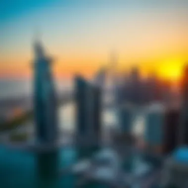 Dubai Marina Sunset Panoramic view of the Dubai Marina skyline during sunset