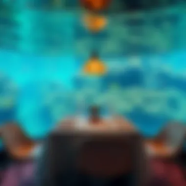 A luxurious dining table set against the backdrop of vibrant underwater scenery.