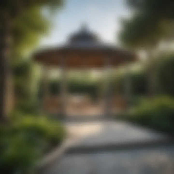 A luxurious outdoor space featuring a gazebo surrounded by lush greenery