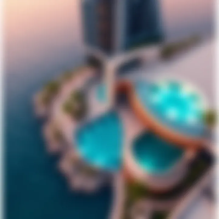 Innovative Infinity Pool Design Captured Aerially Aerial view of a unique infinity pool design in Dubai