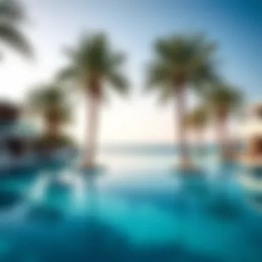 Opulent Infinity Pool Amidst Palm Trees Luxurious infinity pool surrounded by palm trees and modern architecture