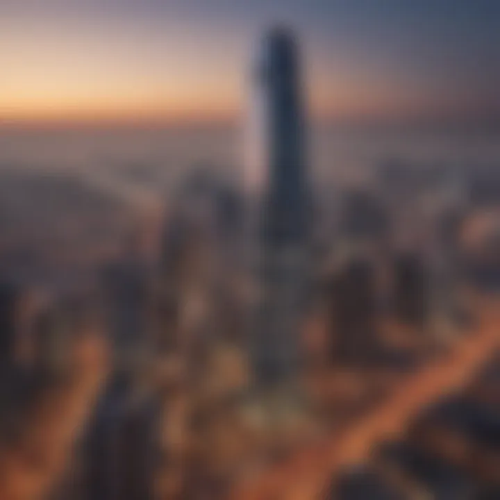 JAFZA One Tower at dusk, illuminated against the Dubai skyline