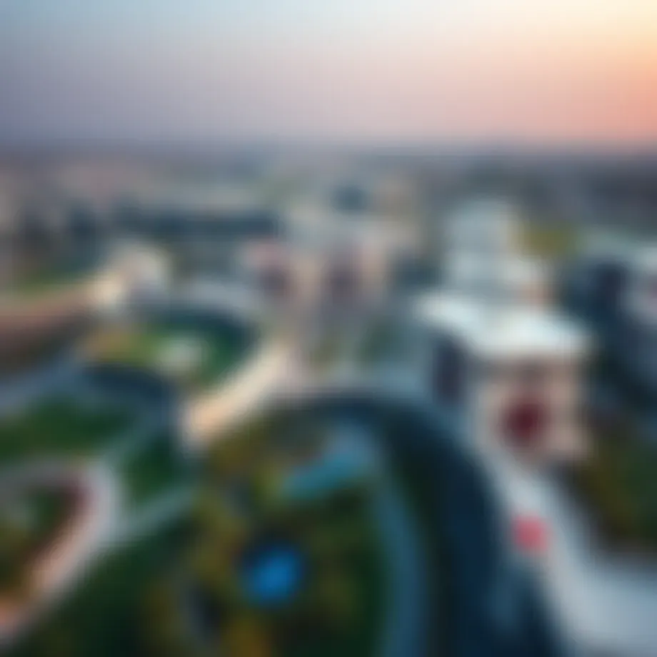 Aerial view of MotorCity Dubai showcasing its modern architecture and green spaces