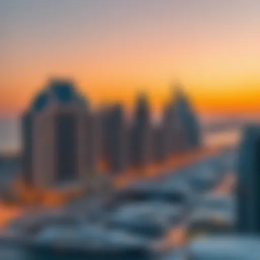 Scenic view of Dubai Marina skyline during sunset