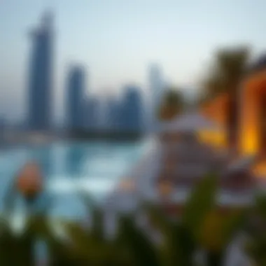 Refreshing Pool Area Refreshing pool area with city skyline backdrop