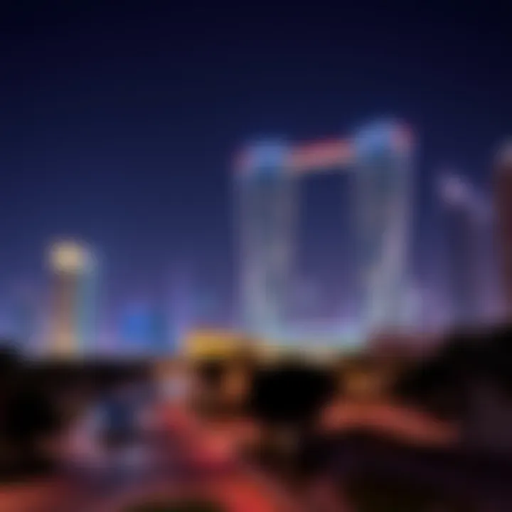 A vibrant cityscape at night showcasing the illuminated Silver Tower Cluster