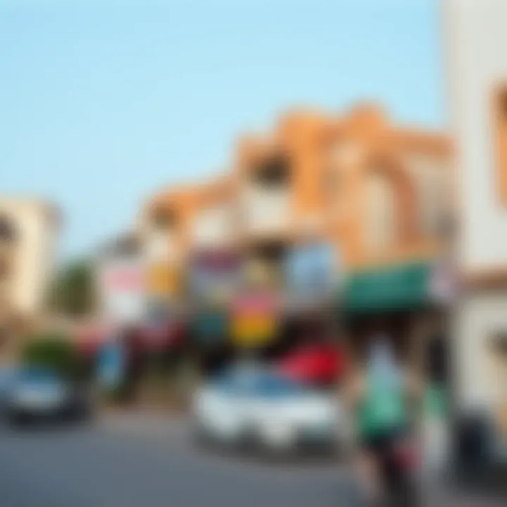 A bustling neighborhood in Dubai with various rental signs