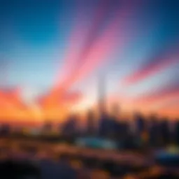 A panoramic view of the Dubai skyline during sunset, showcasing vibrant colors in the sky.