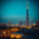 Stunning view of Al Safa Tower illuminating the Dubai skyline at dusk