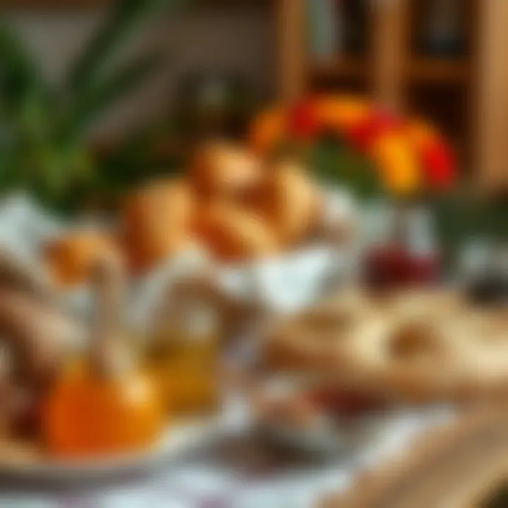 A vibrant table setting showcasing fresh bread, jams, and honey typical of a Turkish breakfast