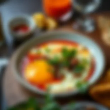 An elegant presentation of Menemen, a traditional Turkish egg dish, garnished with fresh herbs