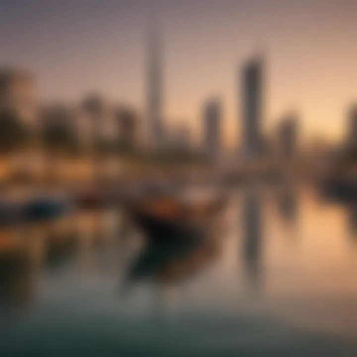 A serene view of the Dubai Creek with traditional abra boats gliding across the water.