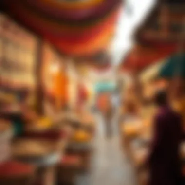 Traditional market in Dubai showcasing vibrant textiles and spices