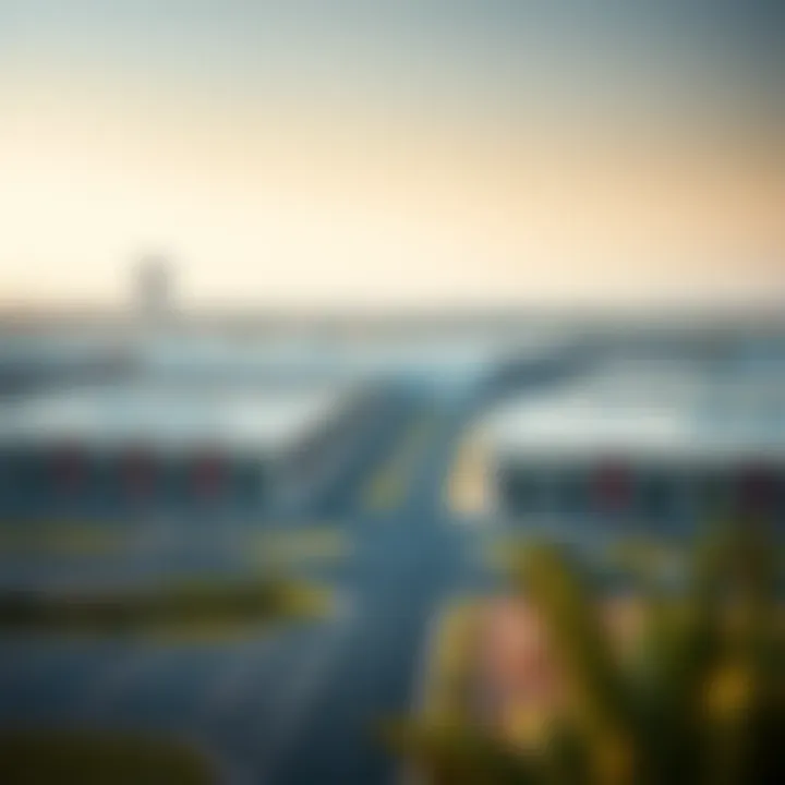 Architectural Diversity in Al Quoz A panoramic view of industrial warehouses in Al Quoz, showcasing the architectural diversity and layout of the area.