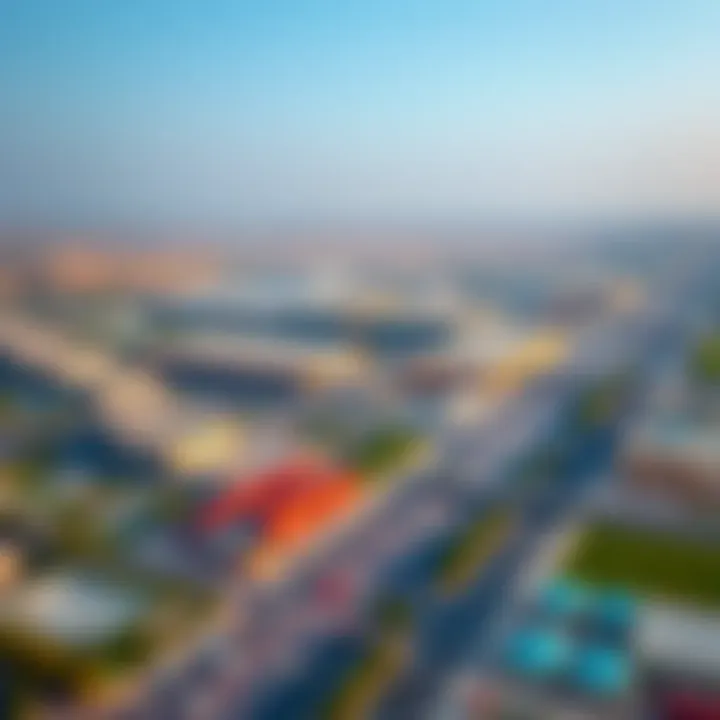 Convenience and Connectivity in Al Quoz An aerial shot of Al Quoz highlighting nearby amenities and transport links that support warehouse operations.