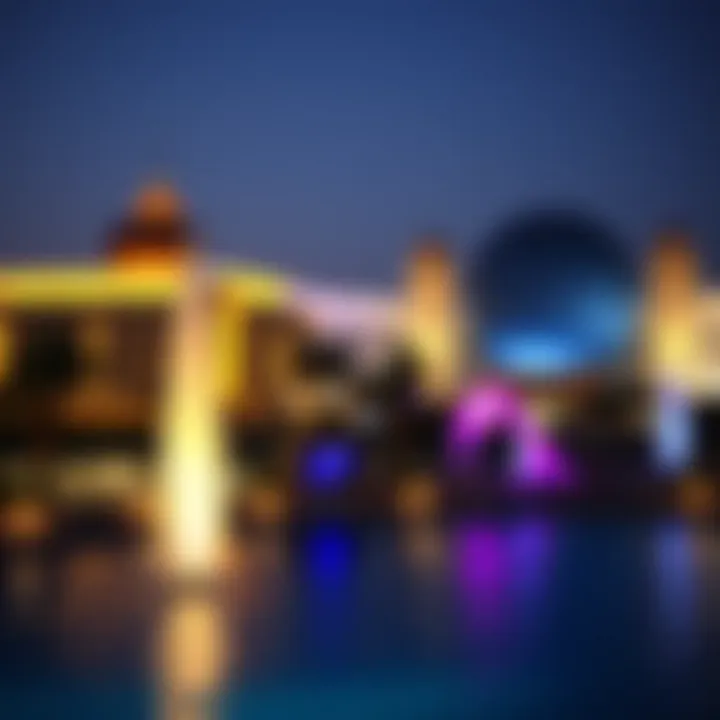 Evening view of Yas Water Park illuminated with lights