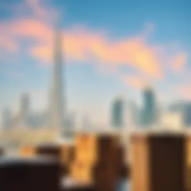 A stunning view of Dubai's skyline with moving boxes.