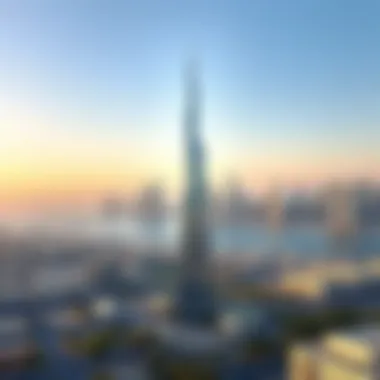 Panoramic skyline of Dubai with Iris Bay Tower in the foreground