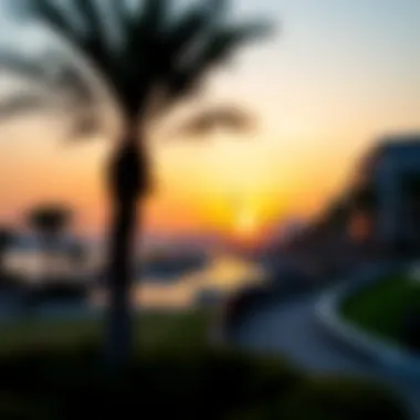 Panoramic sunset view from Jaddaf Waterfront Park highlighting the skyline