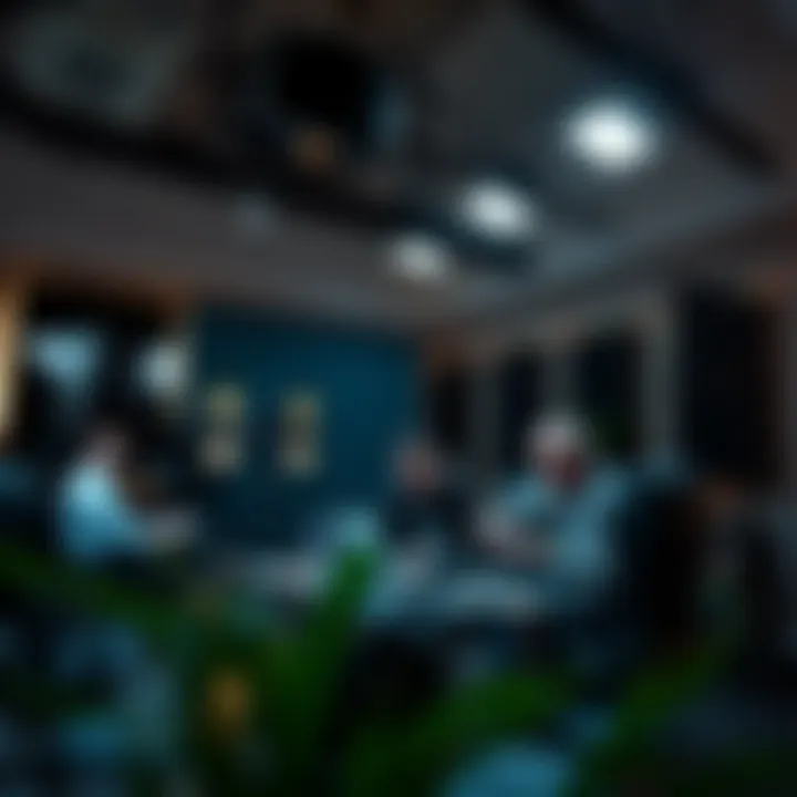 A creative studio environment filled with professionals collaborating on a project