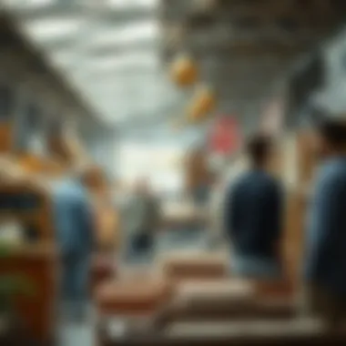 An engaging scene of buyers interacting and negotiating over second-hand furniture