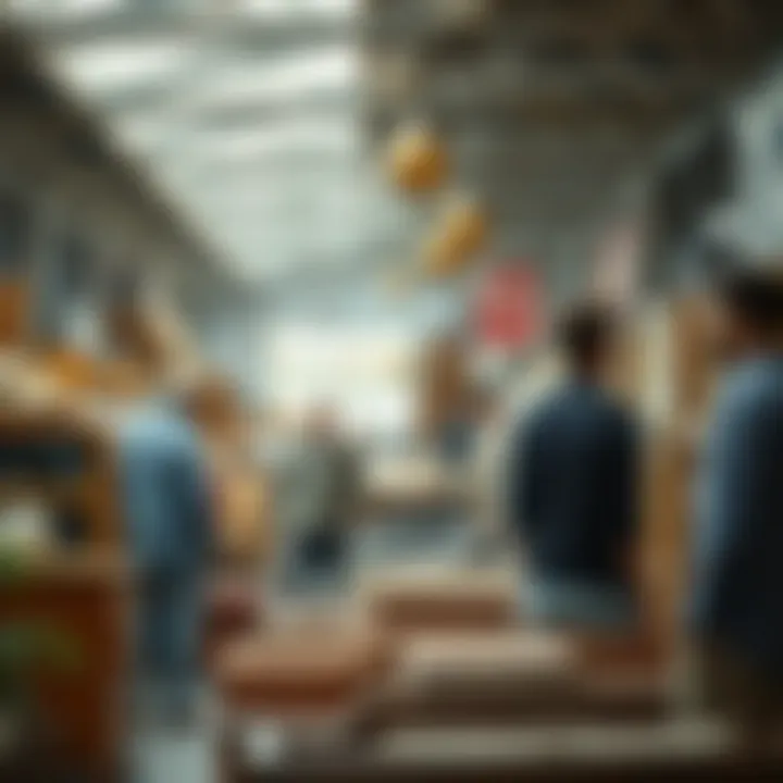 An engaging scene of buyers interacting and negotiating over second-hand furniture