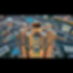 Aerial view of the Palladium Building showcasing its unique architectural design